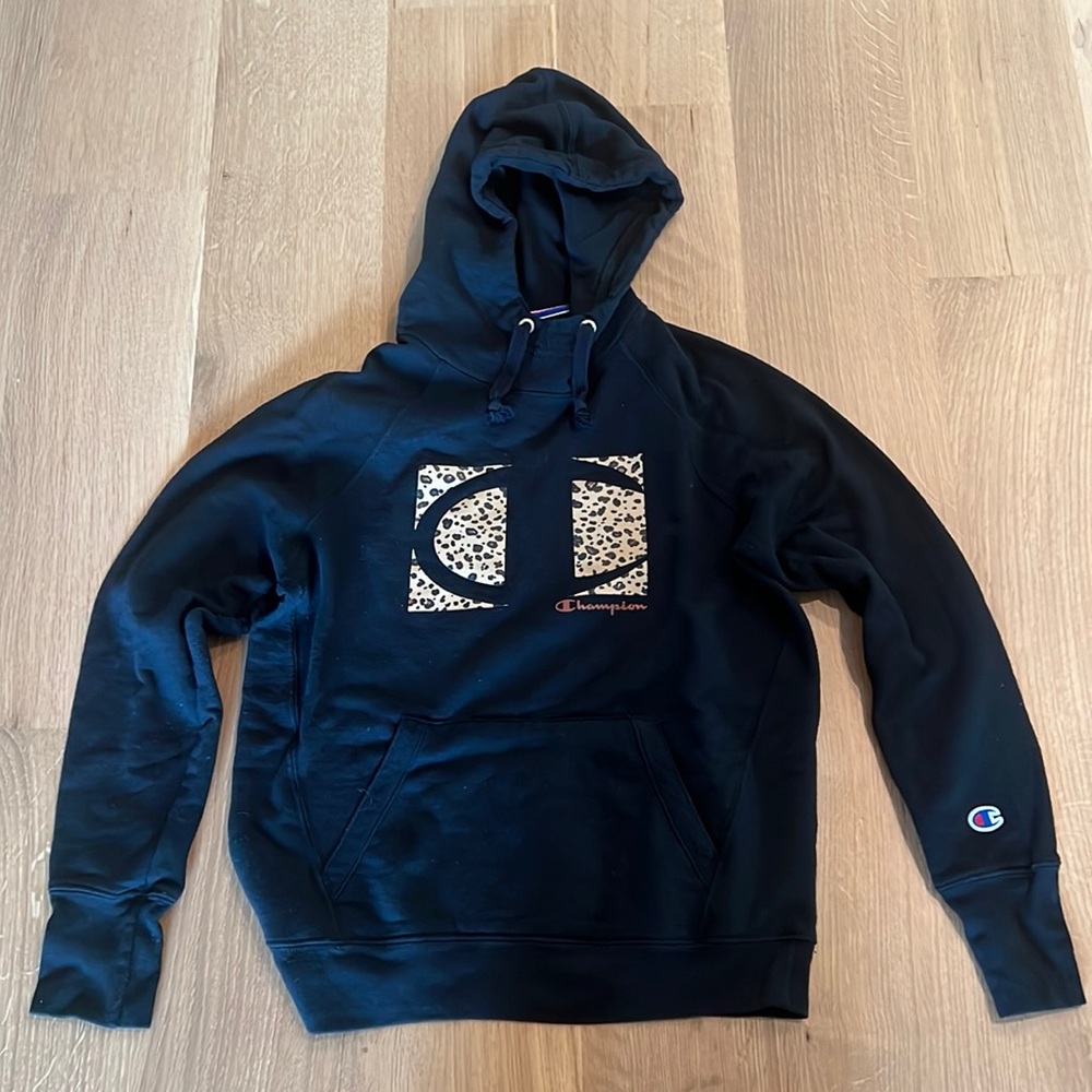 Champion Cheetah Print Black Hooded Sweatshirt Size S